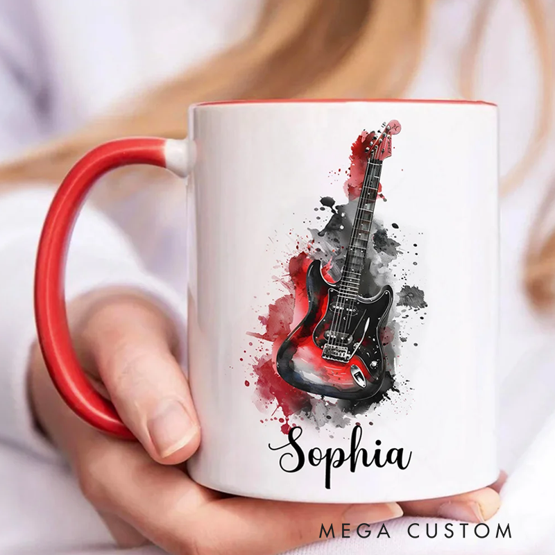Personalized Colorful Splash Ink Guitar Theme 11oz Ceramic Mug with Name and Handle Birthday Gift for Guitar Players Lovers