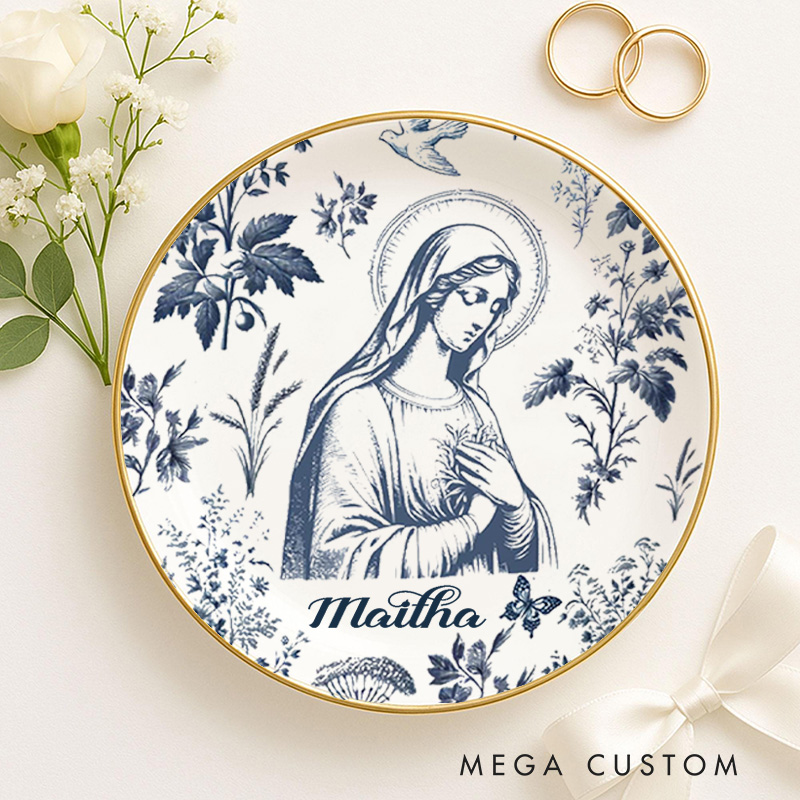 Personalized Catholic Virgin Mary Toile Ceramic Ring Dish with Name Our Lady Trinket Jewelry Dish Vintage Floral Marian Dish Christian Gift for Women