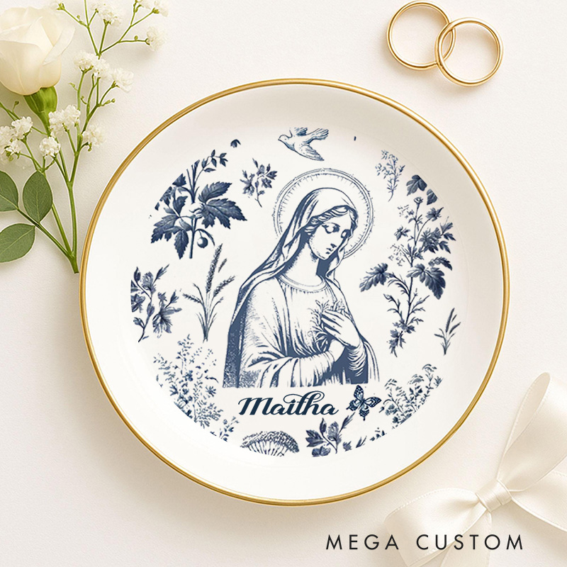 Personalized Catholic Virgin Mary Toile Ceramic Trinket Jewelry Dish with Name Our Lady Vintage Ring Dish Floral Marian Dish Christian Gift for Women