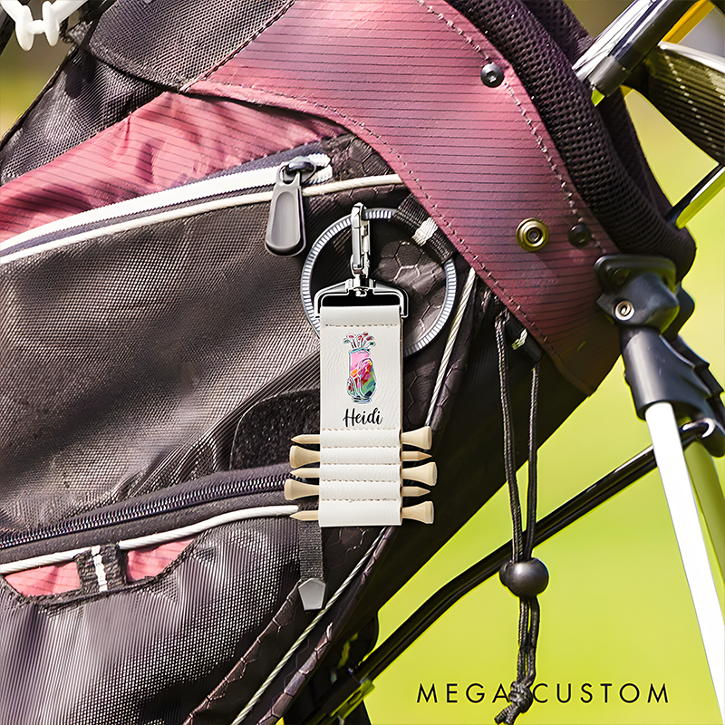 Personalized Golf Tee Holder Keychain with Custom Name and Colorful Golf Bag Design