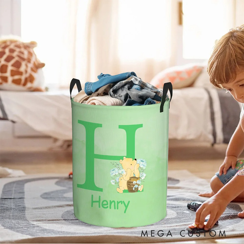 Personalized Cartoon Bear Initial Collapsible Storage Basket for Laundry Toys Organizer Cartoon Lover Gift for Kids