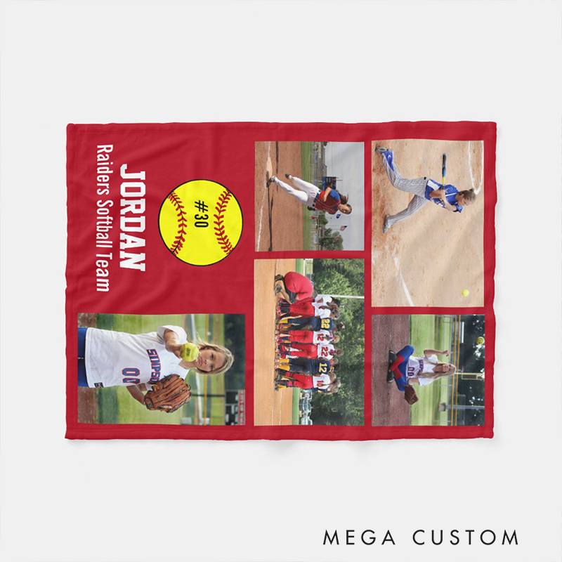 Personalized Softball Photo Blanket with Custom Name, Number, and Team – Perfect Gift for Softball Players and Fans