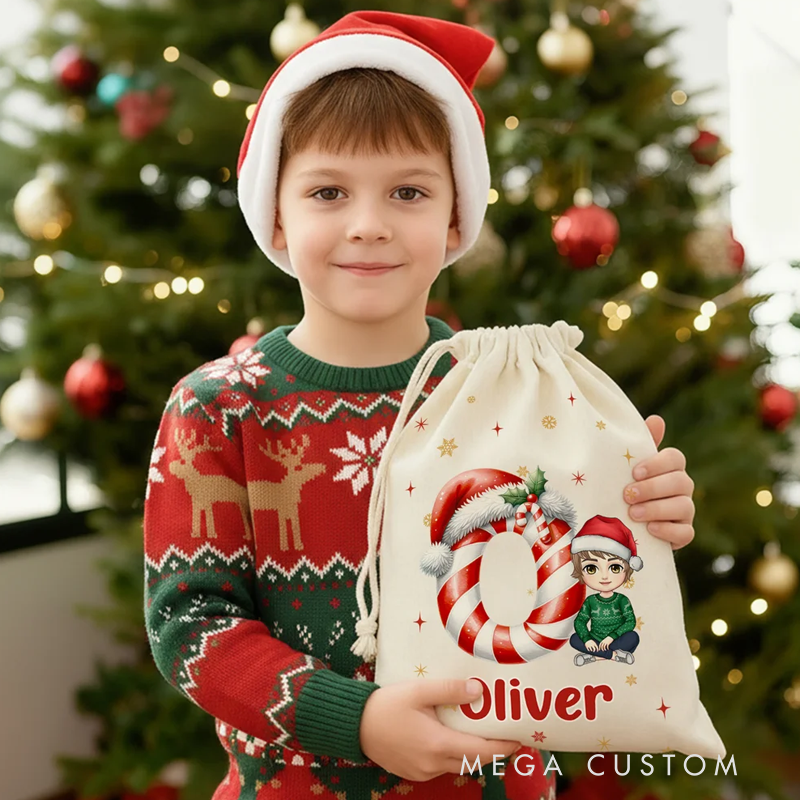 Personalized Santa Hat Initial Cartoon Character Canvas Drawstring Gift Bag with Name Christmas Gift