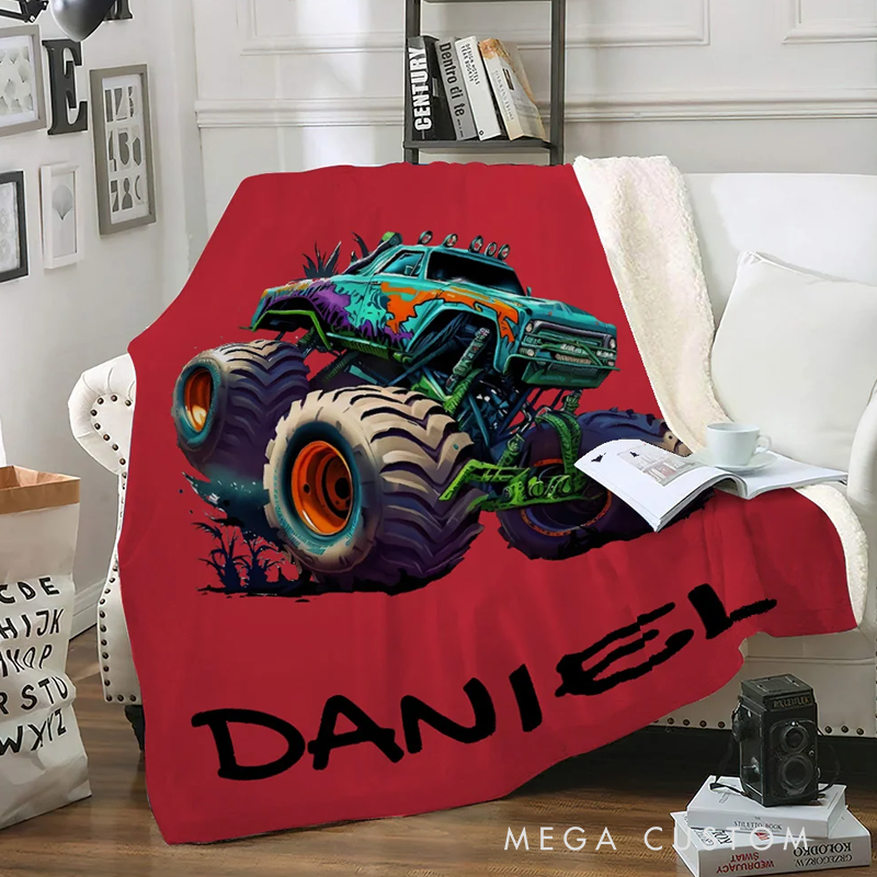 Personalized Big Wheel Off Road Truck Soft Throw Blanket with Name Home Decor Birthday Gift 