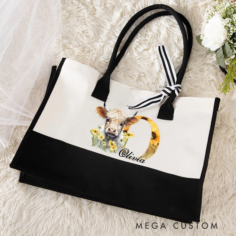 Personalized Flower Highland Cow Canvas Tote Bag with Name Birthday Christmas Gift 