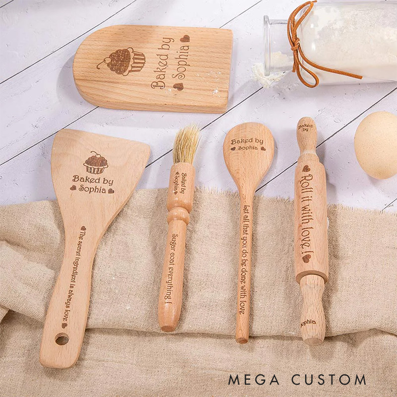 Personalized Wood Cooking Baking Tools with Name Set of 6 Kitchen Birthday Christmas Gift for Kids