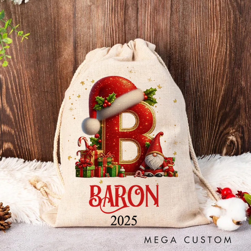 Personalized Festive Initial Christmas Bag with Santa Hat and Custom Name for Joyful Holiday Gift Giving Christmas Bag