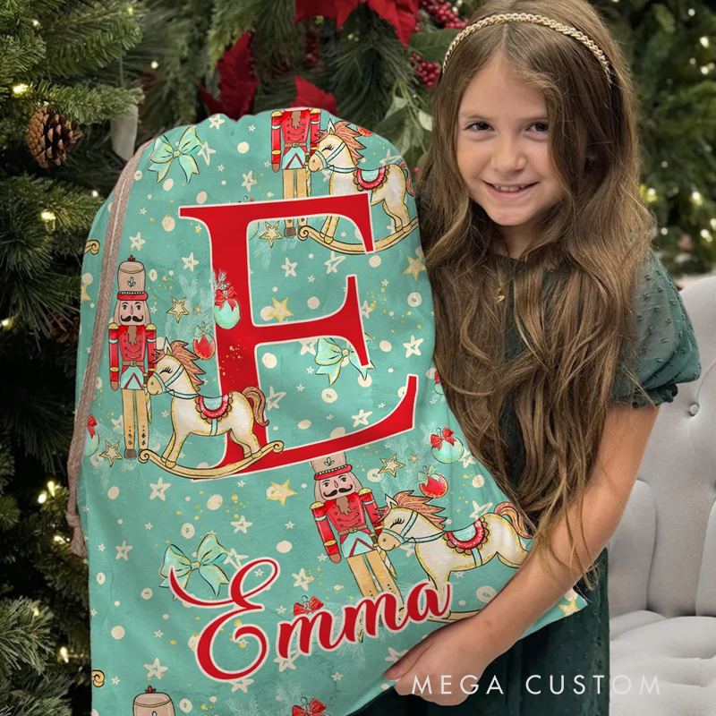 Personalized Christmas Tree Cartoon Nutcracker Canvas Drawstring Gift Bag with Name and Initial Christmas Gift 