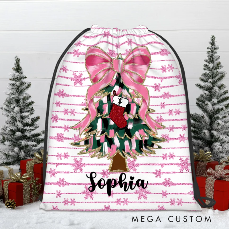 Personalized Coquette Bow Faux Glitter Christmas Tree Double-sided Printed Drawstring Gift Bag with Initial and Name Christmas Gift