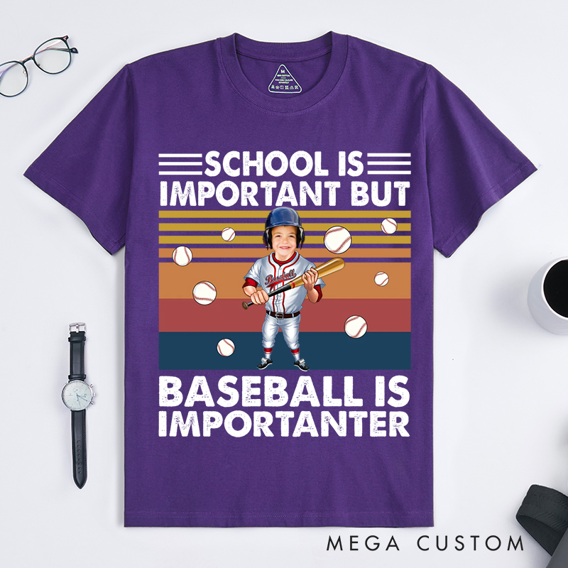 Personalized Baseball T-Shirt with "School Is Important But Baseball Is Importanter" Design with Your Photo