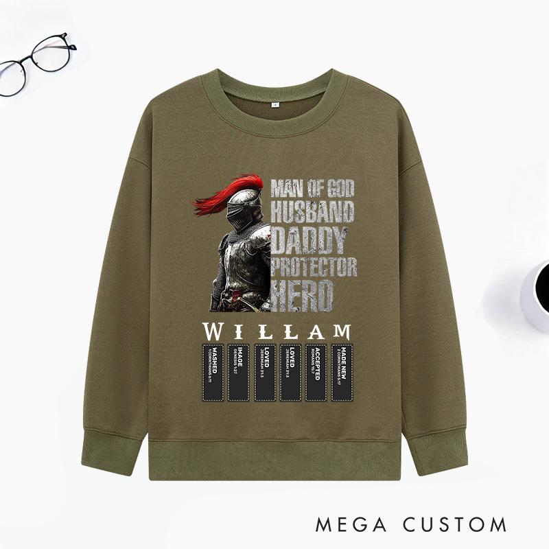 Personalized Man of God Husband Daddy Protector Hero Classic Sweatshirts with Name Unisex Sweatshirts Religious Gift for Christian Men