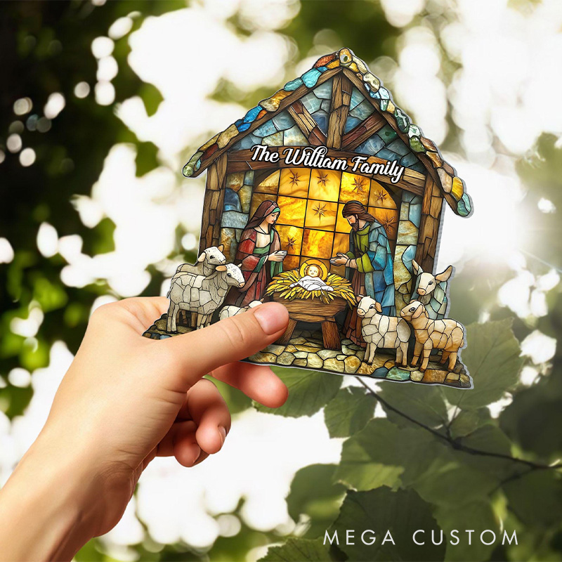 Personalized Nativity Scene Suncatcher Faux Stained Acrylic Ornament with Family Name Holiday Tree Decor Window Hanging Christmas Gift for Christian
