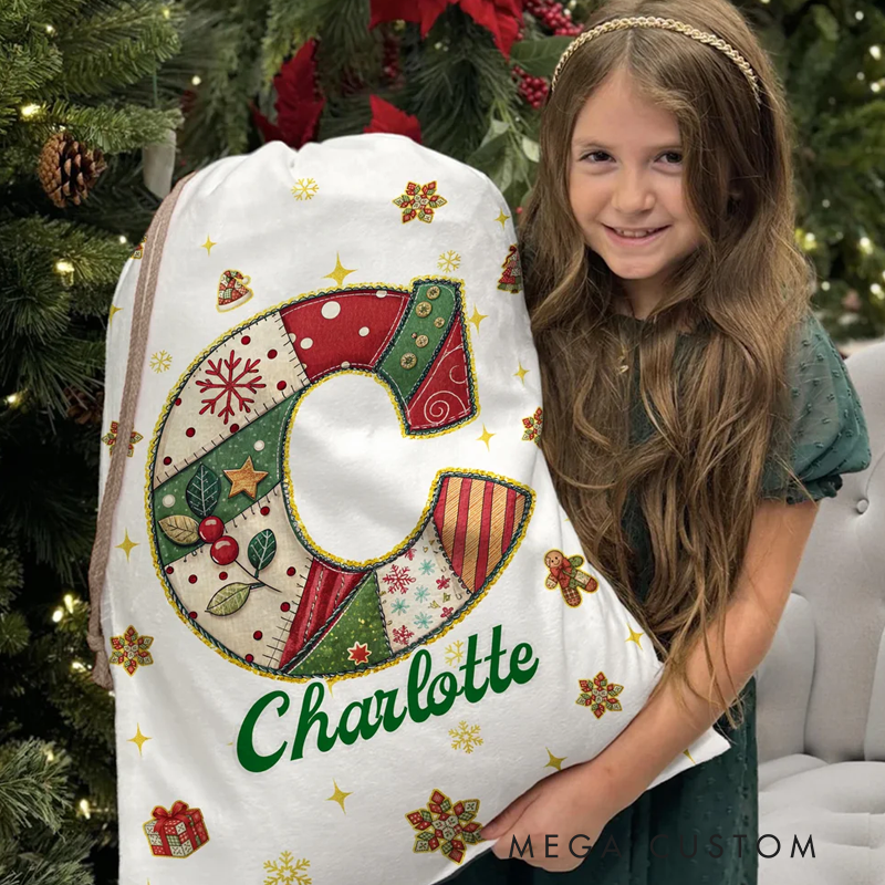 Personalized Christmas Tree Snowflake Initial Drawstring Canvas Gift Bag with Name Christmas Eve Party Favors for Kids