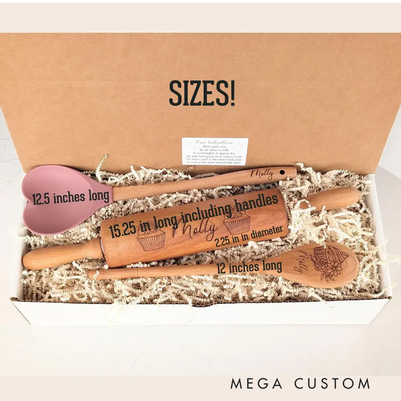 Personalized Rolling Pin and Spatula Baking Tools with Name Engraved Baking Gift Box Birthday Christmas Gift for Baker Baking Lover Gift