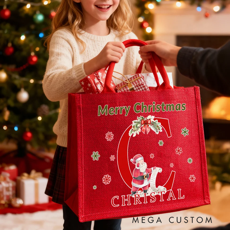 Personalized Santa Claus Reading Gift List Design Eco-Friendly Red Jute Bag with Name and Initial Daily Use Christmas Party Gift for Family Friends