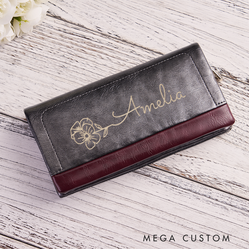 Personalized Leather Wallet for Women Birth Flower Leather Wallet Engraved Women Slim Wallet Clutch Purse  Leather Wallet With Zipper Unique Gift for Her Birthday Gifts