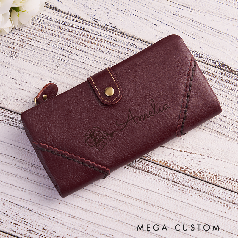 Personalized Leather Wallet For Her Birth Flower Wallet with Name Engraved Wallet For Women Leather Purse Birthday Gift For Her Gift For Mother Bridesmaid Gift Christmas Gift