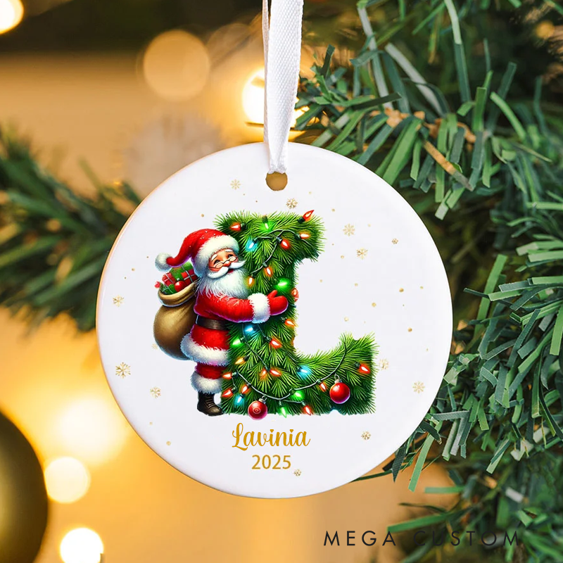 Personalized Santa Claus Woodland Initial Round Ceramic Ornament