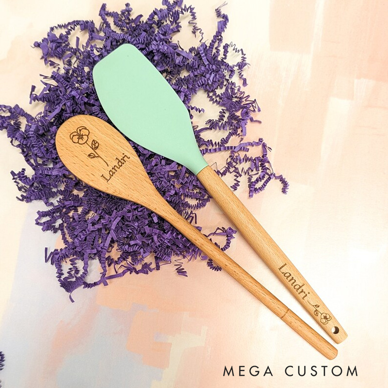 Personalized Rolling Pin and Spatula Baking Tools with Name Engraved Birth Month Flower Baking Gift Set Birthday Gift for Baker Baking Lover Gift