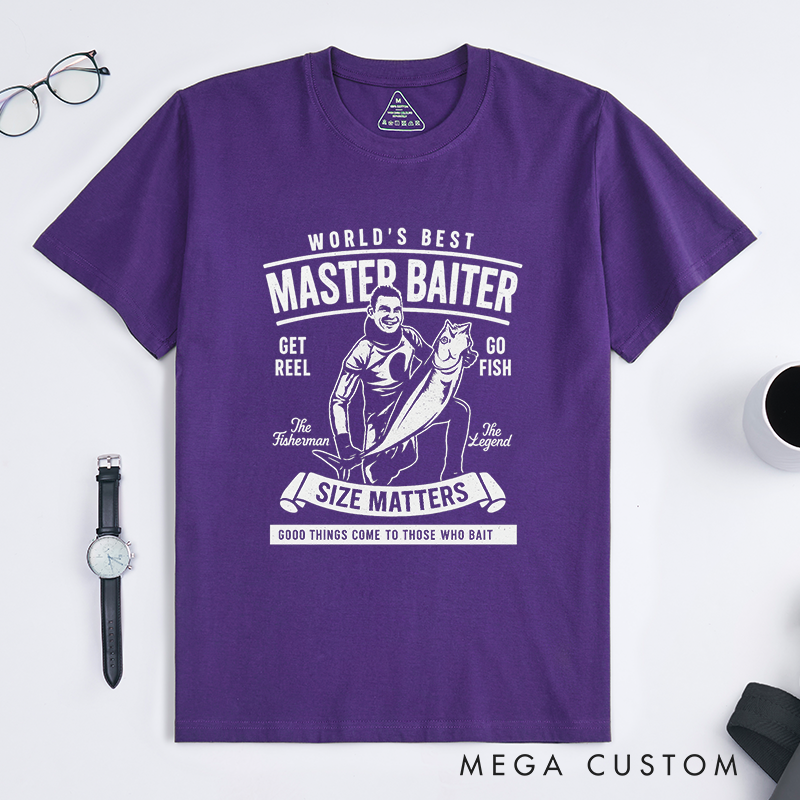Funny Fishing T-Shirt World's Best Master Baiter Design Custom Photo T-Shirt Perfect Gift for Fishermen Humor Lovers and Outdoor Enthusiasts