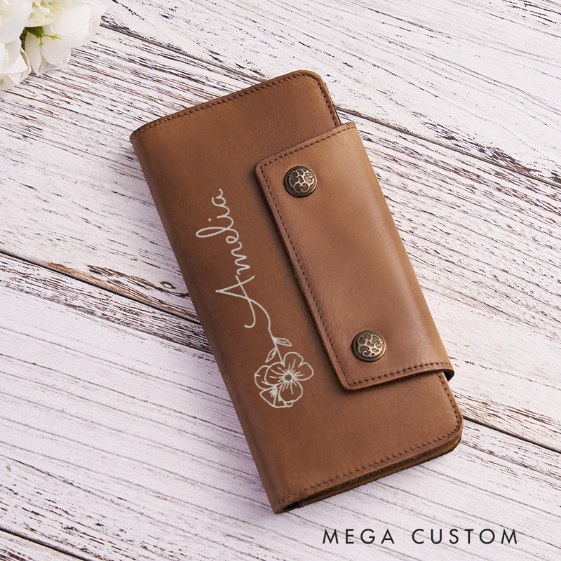 Personalized Birth Flower Leather Wallet Engraved Women Leather Wallet Leather Gift for Her Unique Gift for Her Birthday Gifts