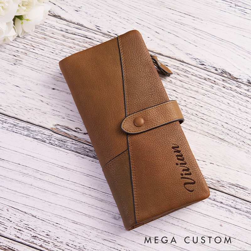 Personalized Birth Flower Women Wallet Engraved Leather Wallet Birth Flower Monogram Wallet Women's Purse Gift For Her Gift For Mother Birthday Gift