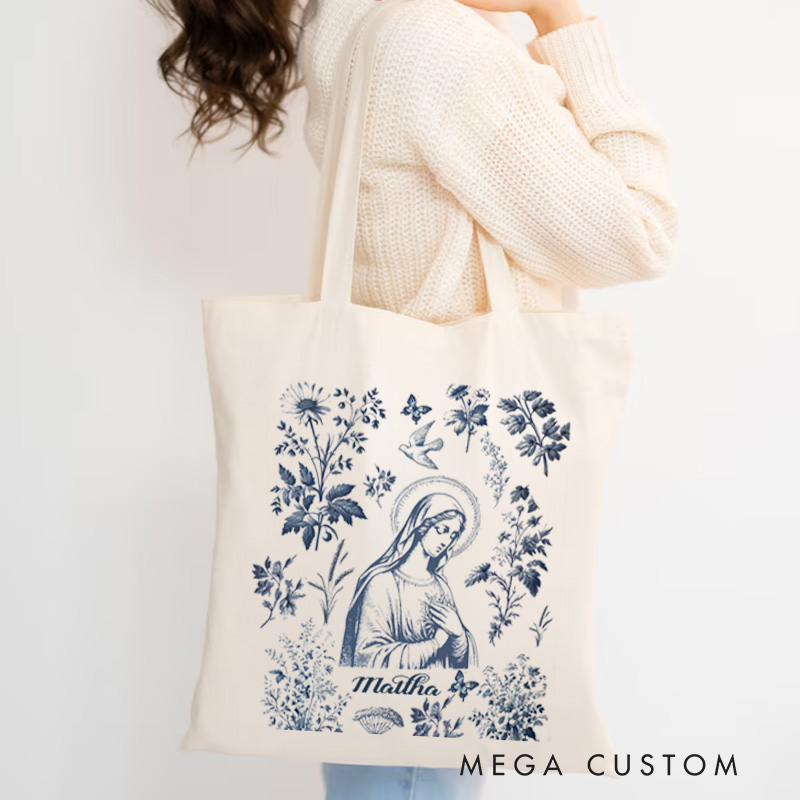 Personalized Catholic Virgin Mary Toile Canvas Tote Bag with Name Daily Use Our Lady Bag Vintage Floral Marian Catholic Tote Christian Gift for Women