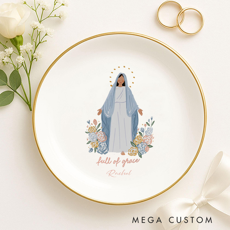 Personalised Full of Grace Virgin Mary Ceramic Jewelry Dish with Name Catholic Religious Gift Birthday Gift for Women and Girls 