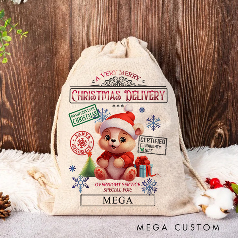 Personalized Teddy Bear Express Delivery Christmas Bag with Festive Stamps and Name for a Joyful Holiday Gift