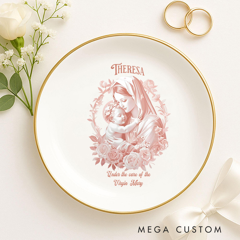 Personalised Virgin Mary Ceramic Jewelry Dish with Name Catholic Religious Gift Birthday Gift for Women and Girls 