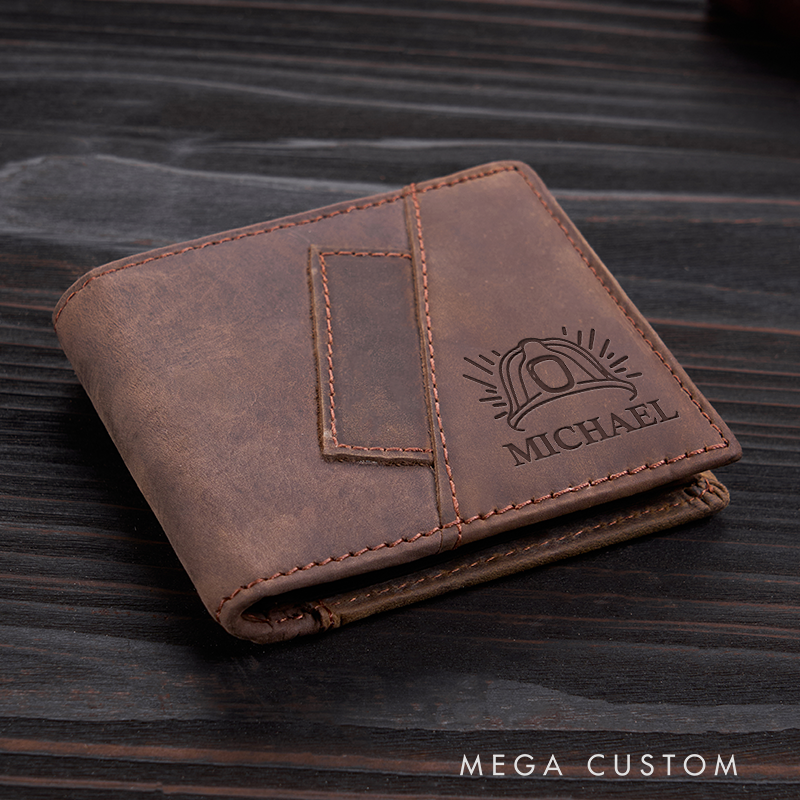 Personalized Firefighter Leather Wallet Engraved Wallet Crazy Horse Wallet Birthday Gift for Him Groomsman Gift Boyfriend Gift Dad Gift Husband Gift