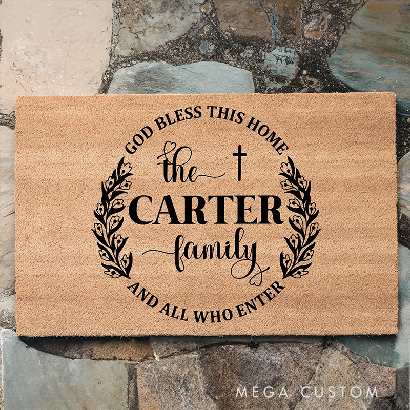 Personalized God Bless This Home Doormat with Family Name Non-Slip Durable Front Door Decor Outdoor Decor Religious Family Gift Christian Home Gift