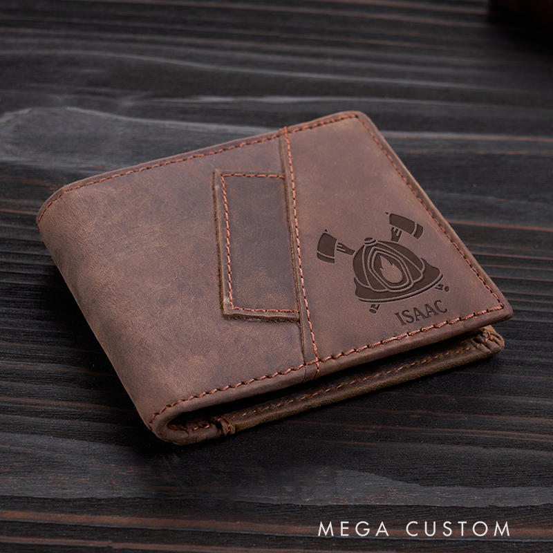 Personalized Firefighter Leather Wallet Engraved Wallet Crazy Horse Wallet Birthday Gift for Him Groomsman Gift Boyfriend Gift Dad Gift Husband Gift