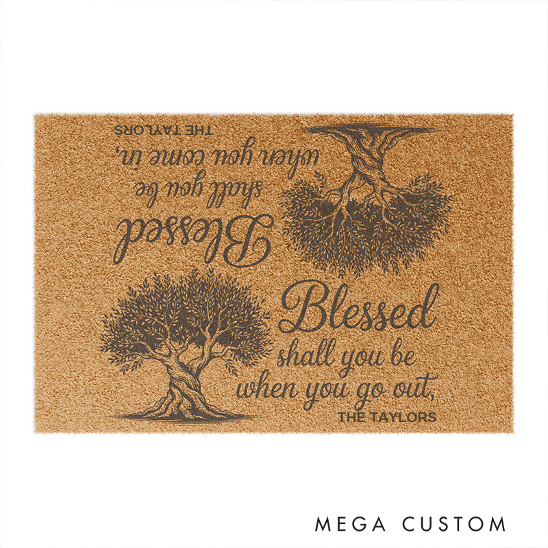 Personalized Blessed Shall You Be Deuteronomy 28:6 Doormat with Family Name Non-Slip Durable Front Door Decor Bible Verse Welcome Mat Religious Gift