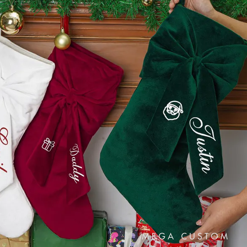Personalized Bow Christmas Stocking 2025 Embroidered Christmas Stocking Velvet Christmas Stocking with Name Christmas Gift Family Decor