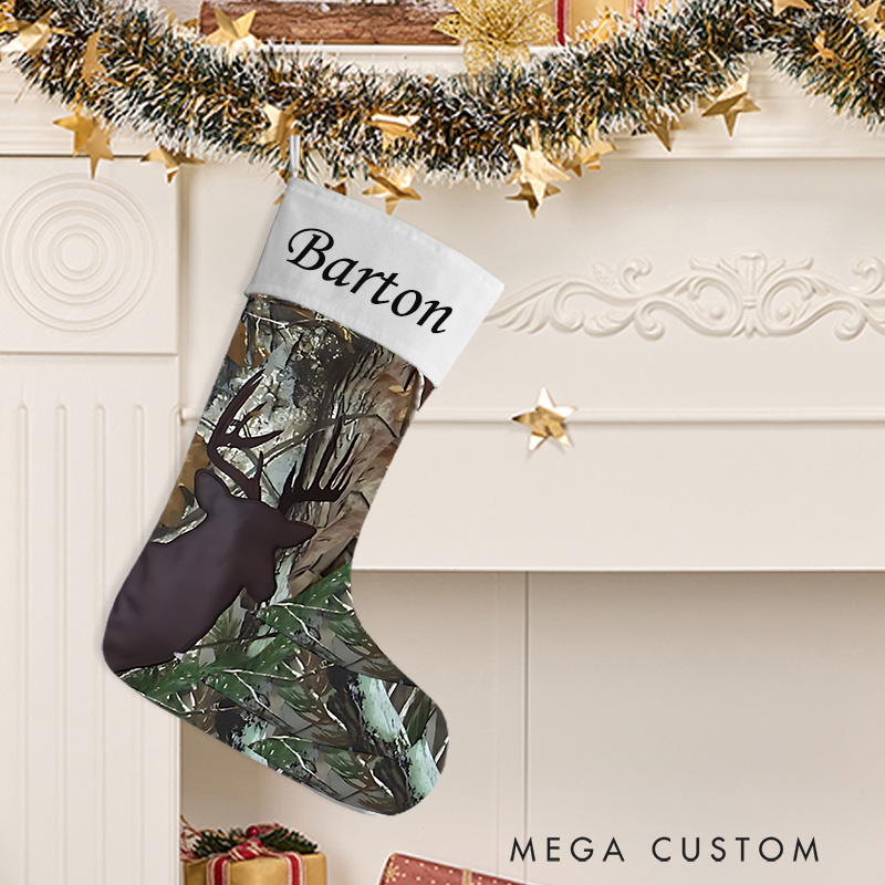 Personalized Camo Christmas Stockings Buck Brown Hunting Outdoors Woodland Deer Camoflauge Christmas Stocking Christmas Gift for Hunting Lover