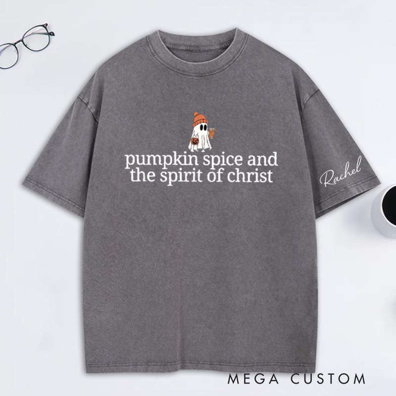 Personalized Cute Ghost Pumpkin Spice Washed T-Shirt with Name Halloween Gift Religious Gift for Christians