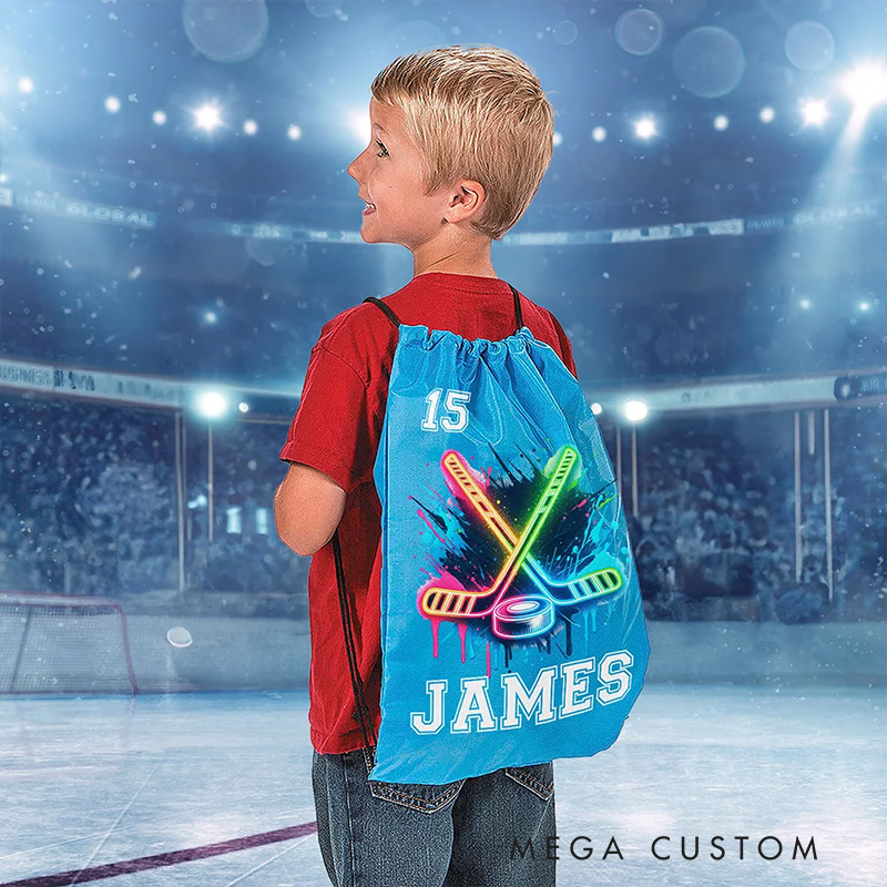 Personalized Ice Hockey Drawstring Bag Custom Name and Number with Neon Stick Design