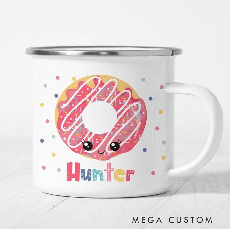 Personalized Donut Mug Kids Mug with Name Polka Dot Donut Enamel Mug for Baker Birthday Party Donut Party Favors