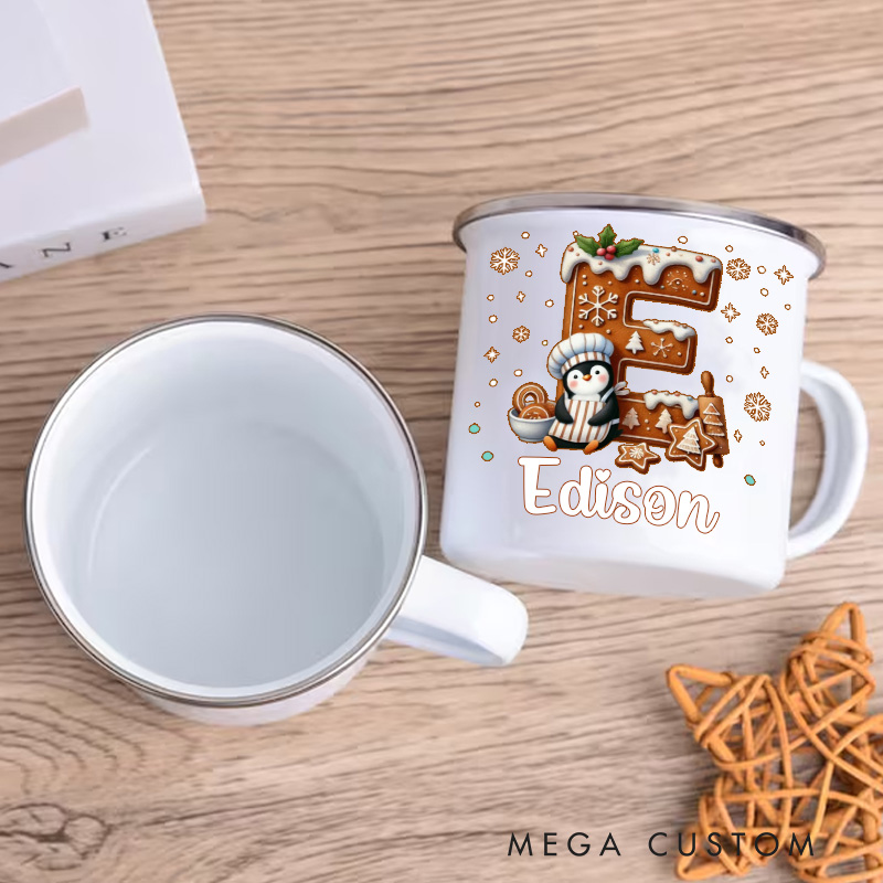 Personalized Cute Penguin Cookie Initial Kids Mug with Name 12 oz Enamel Mug for Kids Christmas Birthday Gift for Boys Girls