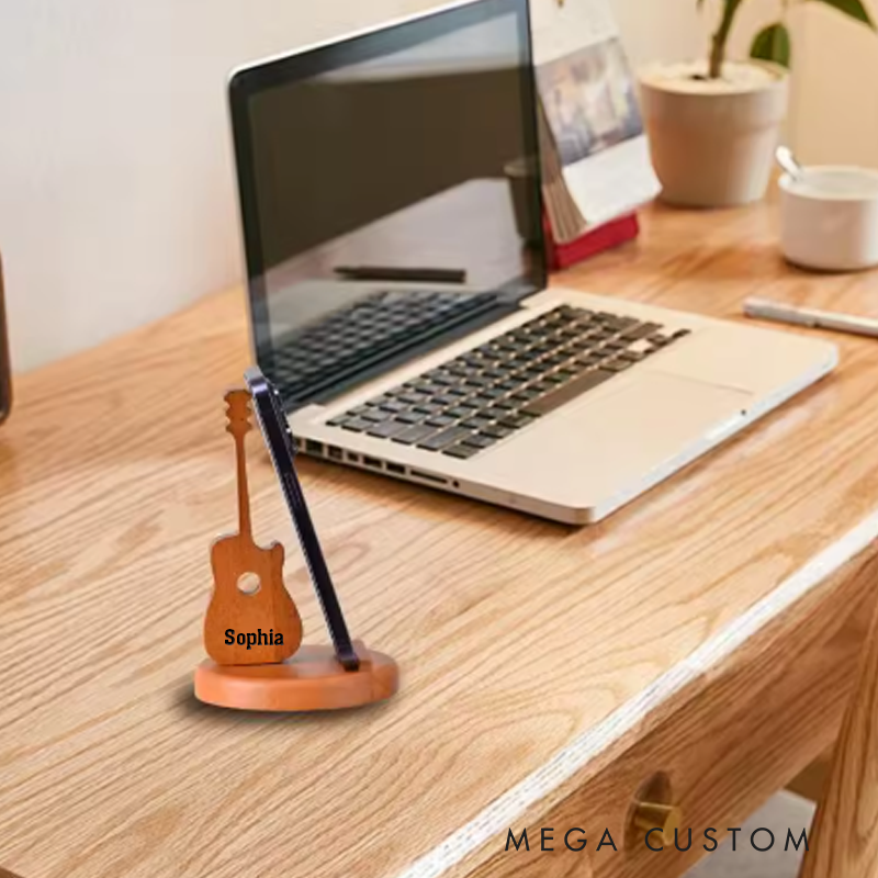 Personalized Retro Wooden Guitar Shaped Phone Stand Guitar Pick Storage Case with Engraved Name Birthday Gift for Guitar Players Music Lovers