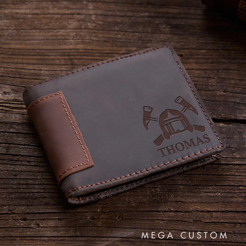 Personalized Leather Wallet For Firefighter Engraved Crazy Horse Wallet Mens Wallet Groomsmen Wallet Boyfriend Gift Dad Gift Husband Gift