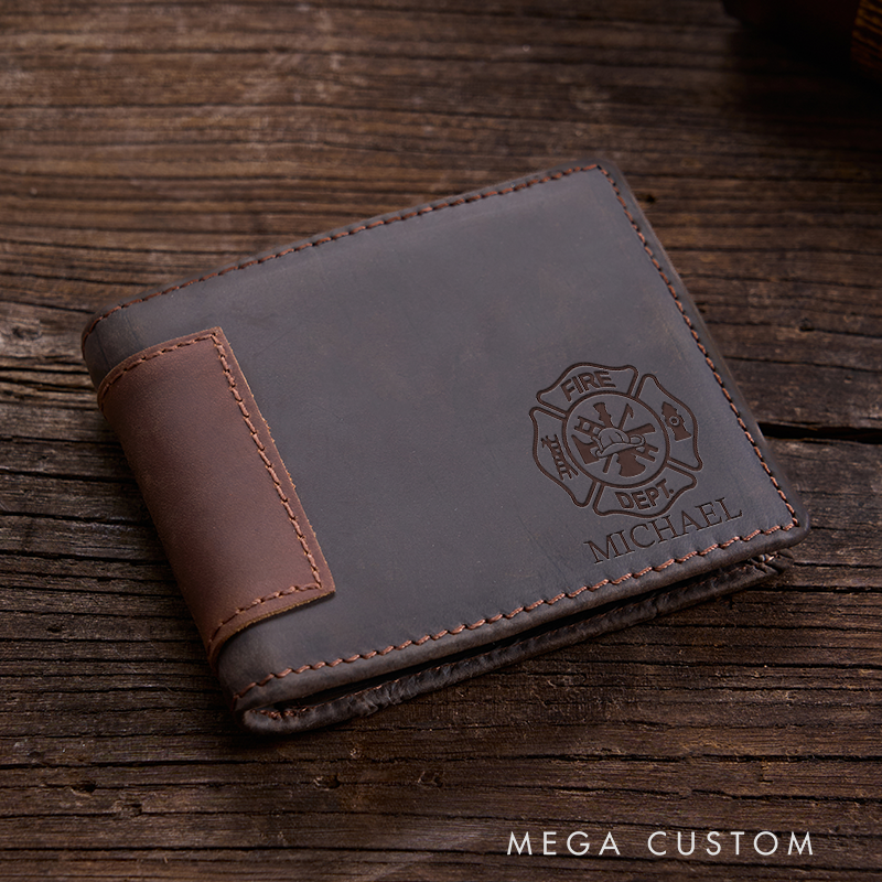 Personalized Leather Wallet For Firefighter Engraved Crazy Horse Wallet Mens Wallet Groomsmen Wallet Boyfriend Gift Dad Gift Husband Gift
