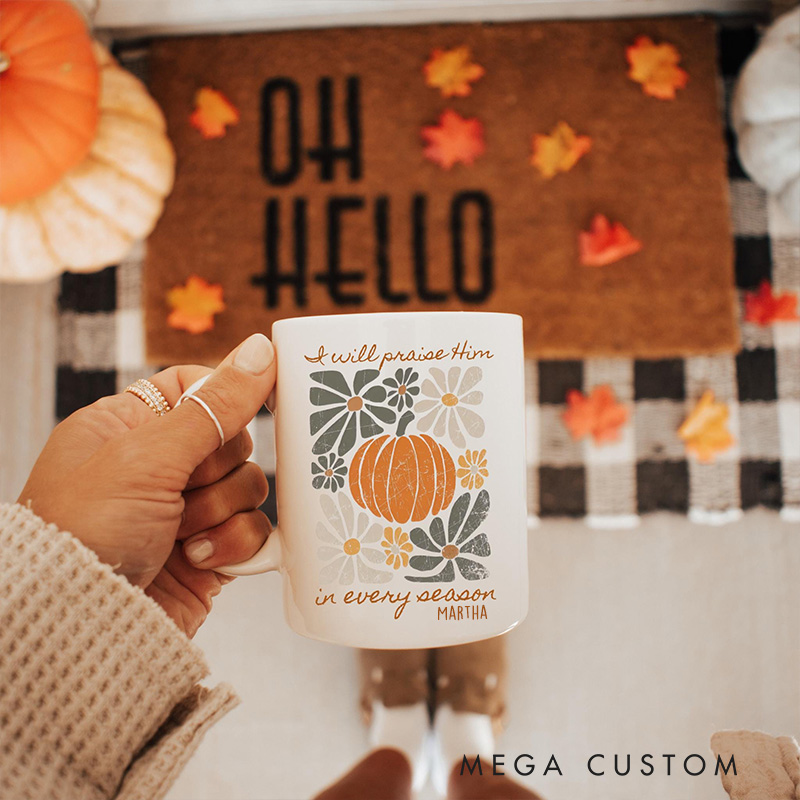 Personalized Boho Fall Mug Pumpkin Psalm Bible Verse Ceramic Mug with Name Floral Thanksgiving Coffee Cup Fall Host Gift Christian Thanksgiving Gift