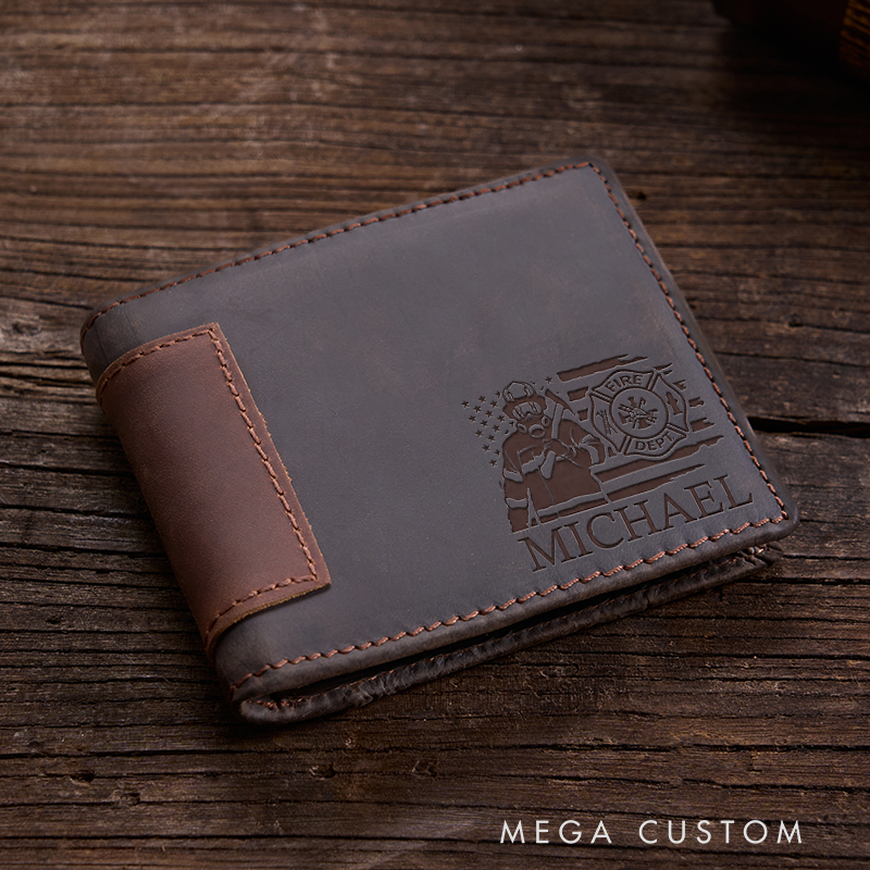 Personalized Leather Wallet For Firefighter Engraved Crazy Horse Wallet Mens Wallet Groomsmen Wallet Boyfriend Gift Dad Gift Husband Gift