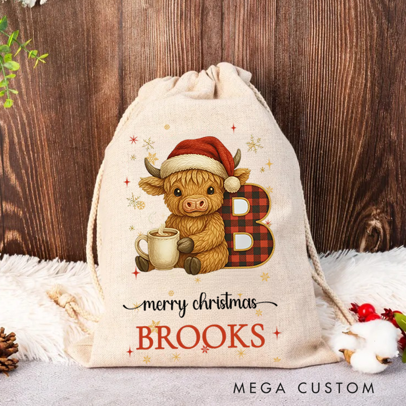 Personalized Highland Cow Santa Sack Drawstring Bag for Present Holiday Gifts BagChristmas Present Gift Bag for Him Her Kids Adults