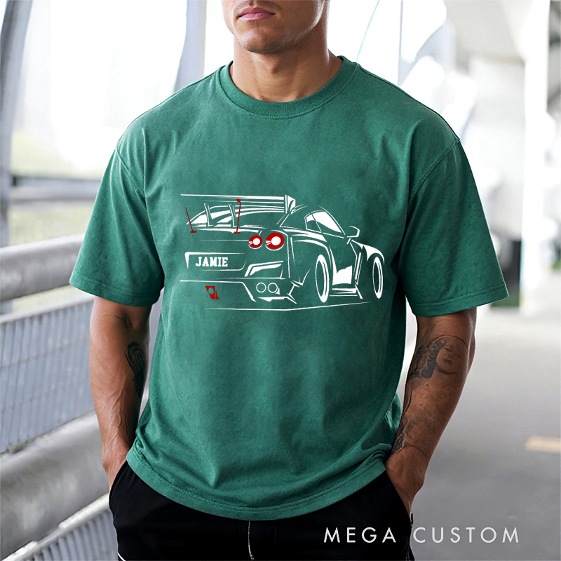 Personalized Washed T-Shirt with Custom Name Car Design Perfect Gift for Racer and Racing Lovers