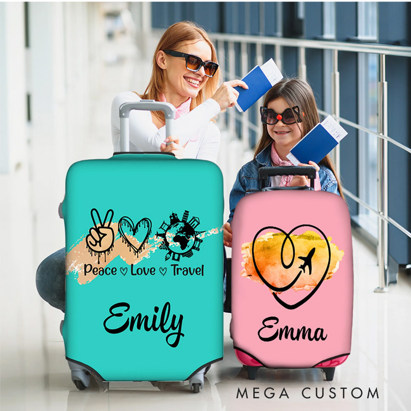 Personalized Watercolor Travel Theme Design Luggage Protective Cover Fits 18-32 Inches Suitcase with Name Birthday Gift for Friends Family