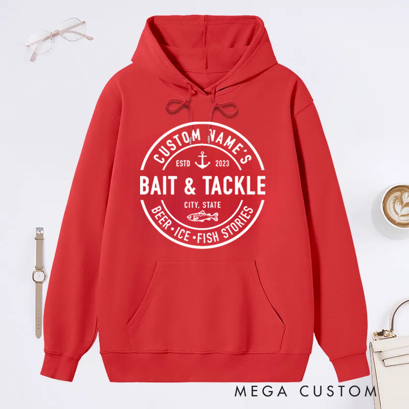 Personalized  Bait and Tackle Fishing Hoodie Boat Fishing Hoodie Custom Name Time and Place Design Perfect Gift for Fishing Enthusiasts