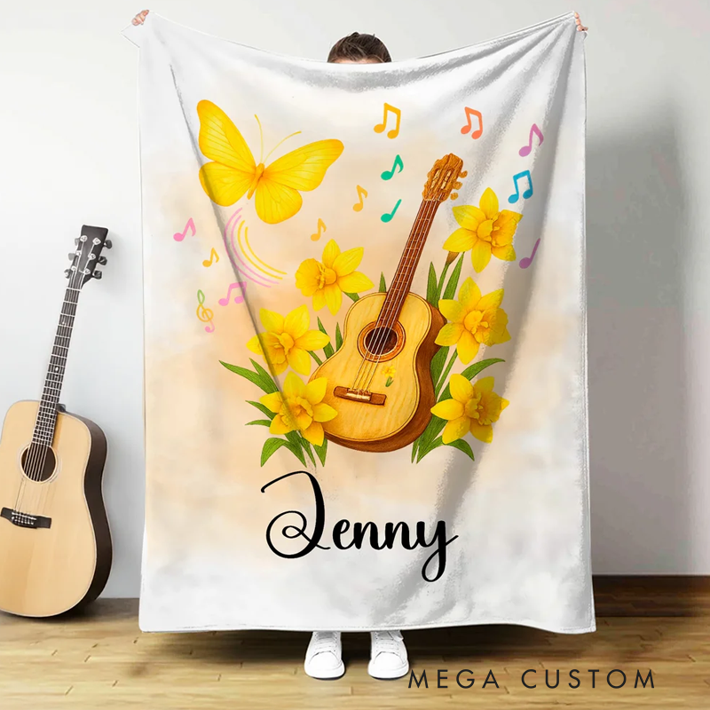 Personalized Guitar Birth Flower Butterfly Soft Throw Blanket with Name Room Decor Birthday Anniversary Gift for Guitar Enthusiasts